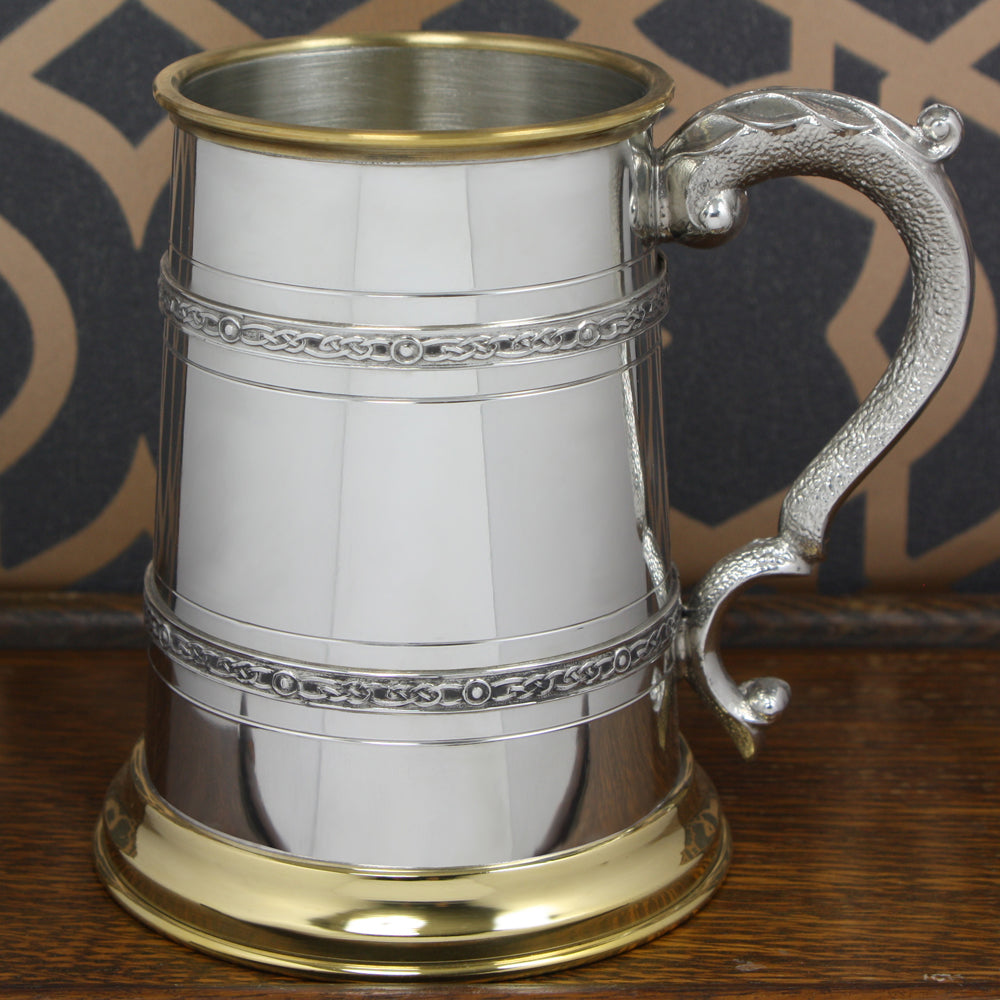 1 Pint Pewter and Brass Beer Mug Tankard With Celtic Styling