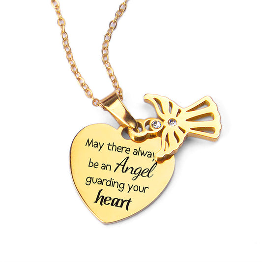 Gold Heart & Angel Pendant Necklace | Engraved Keepsake Gift